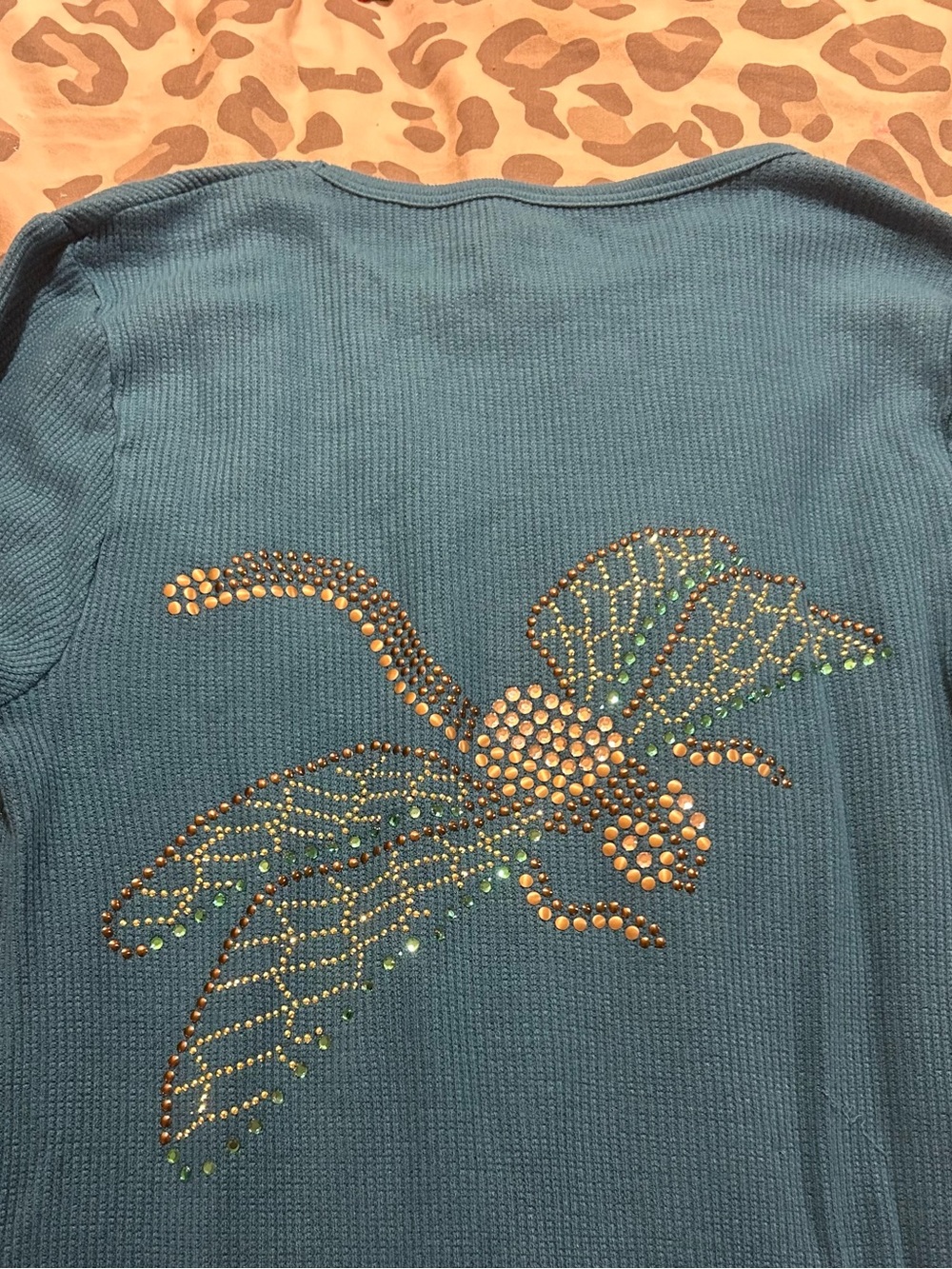 Rhinestone Dragonfly Long Sleeve Thermal Top - Teal